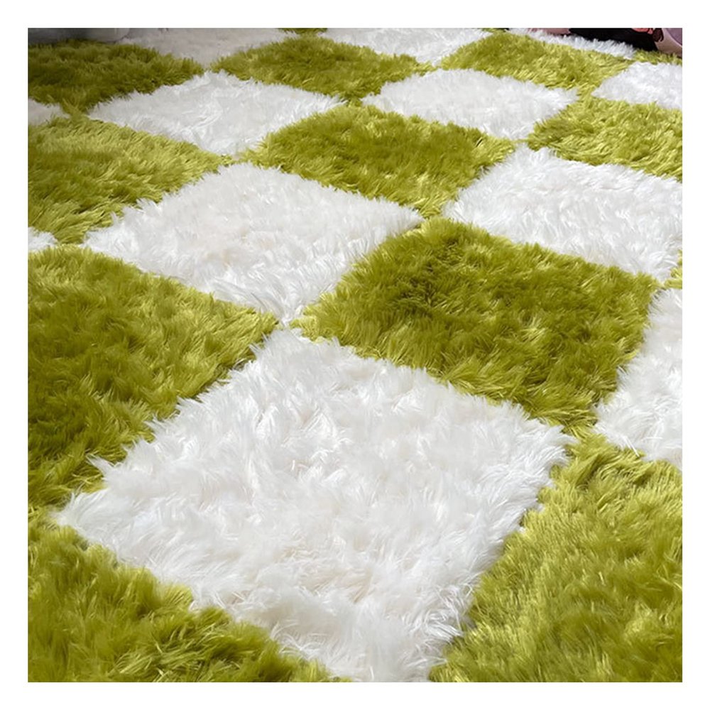 16Pcs Plush Puzzle Foam Floor Mat,Thick Square Interlocking Fluffy Tiles,Soft Climbing Carpet Mats,Shaggy Area Rug for Room Floor,12X12inch,White + Green