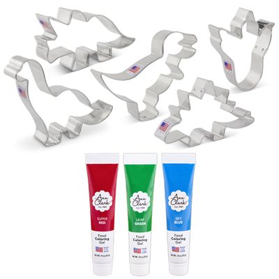 Ann Clark Cookie Cutters Dinosaur Cookie Cutters 5 Piece Set with 3 Tubes of Food Coloring Gel, Super Red, Leaf Green, Sky Blue