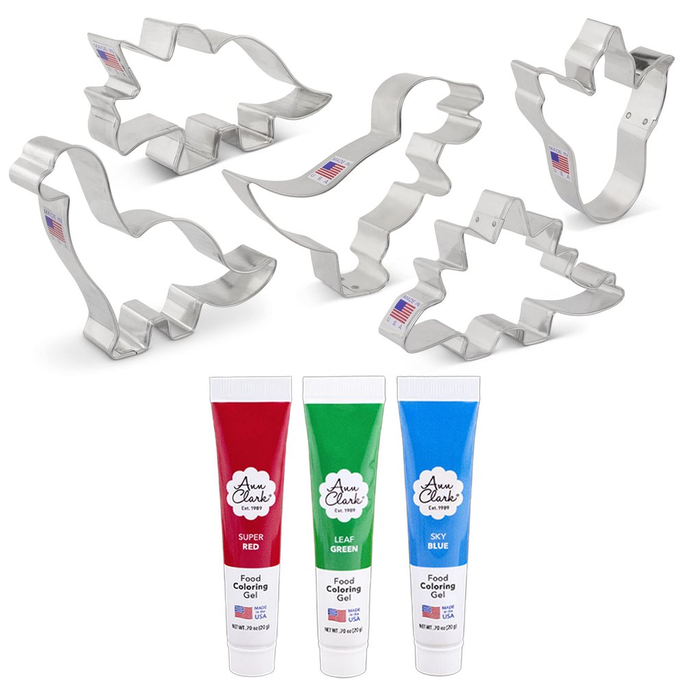 Ann Clark Cookie Cutters Dinosaur Cookie Cutters 5 Piece Set with 3 Tubes of Food Coloring Gel, Super Red, Leaf Green, Sky Blue