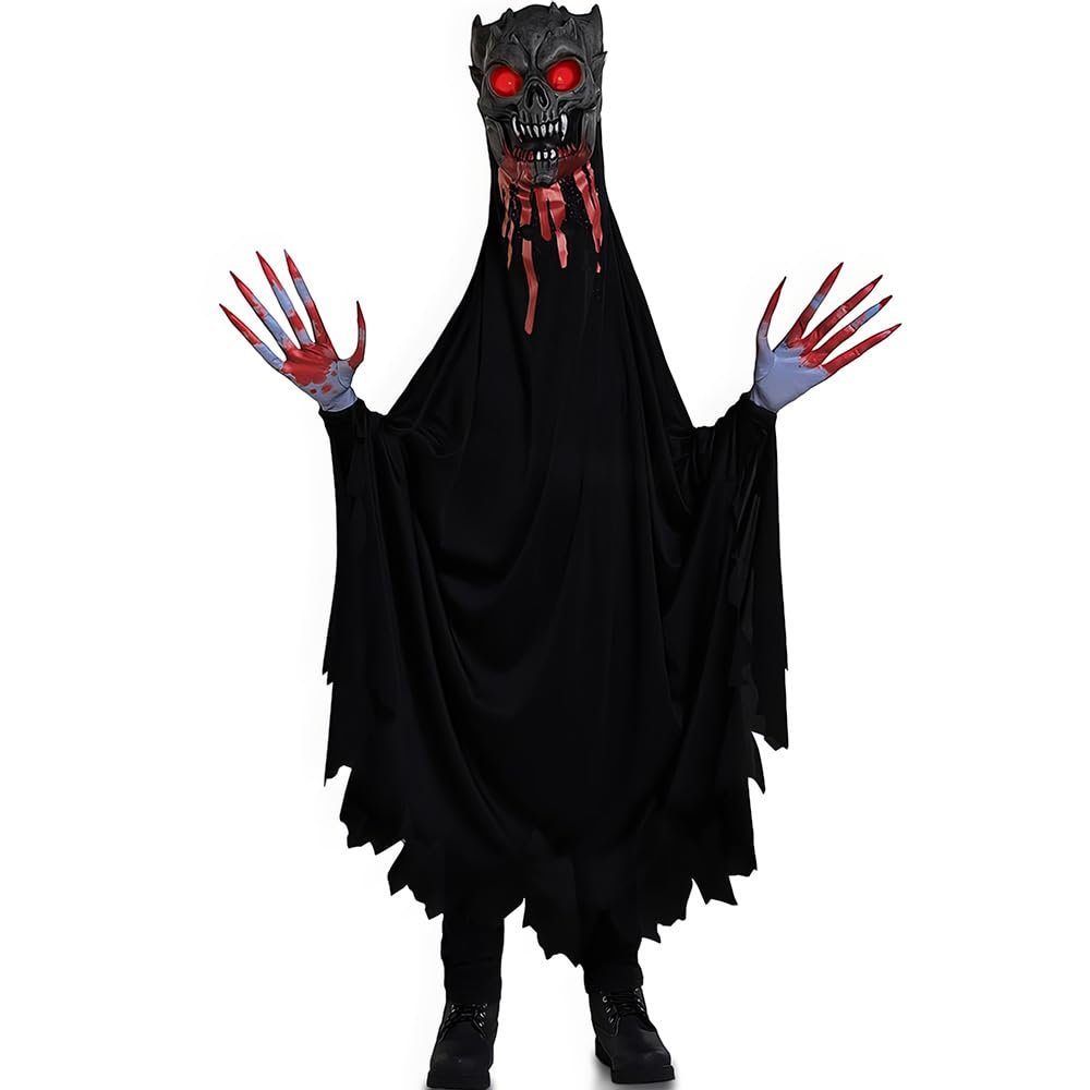 Illusion Robed Ghoul Costume - Medium (8-10) - Black/Grey/Red Premium Polyester, Uniquely Creepy & Perfect for Halloween - 1 Pc.