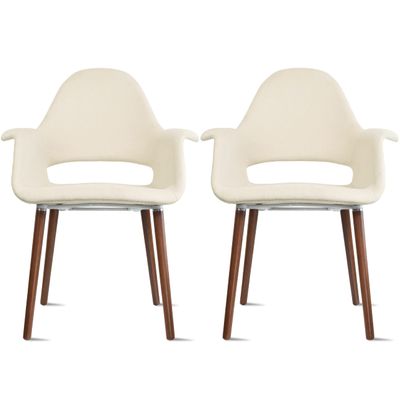 2xhome Mid Century Modern Upholstered Fabric Organic Accent Living Room Dining Chair Armchair Set with Back Armrest Dark Black Wood Wooden Legs for Kitchen Bedroom (2, Cream, Dining)