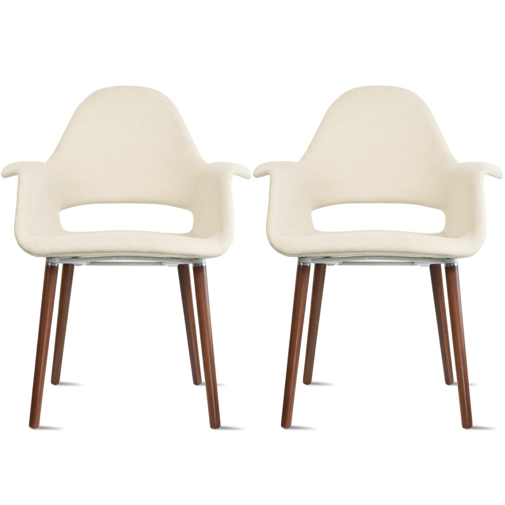 2xhome Mid Century Modern Upholstered Fabric Organic Accent Living Room Dining Chair Armchair Set with Back Armrest Dark Black Wood Wooden Legs for Kitchen Bedroom (2, Cream, Dining)
