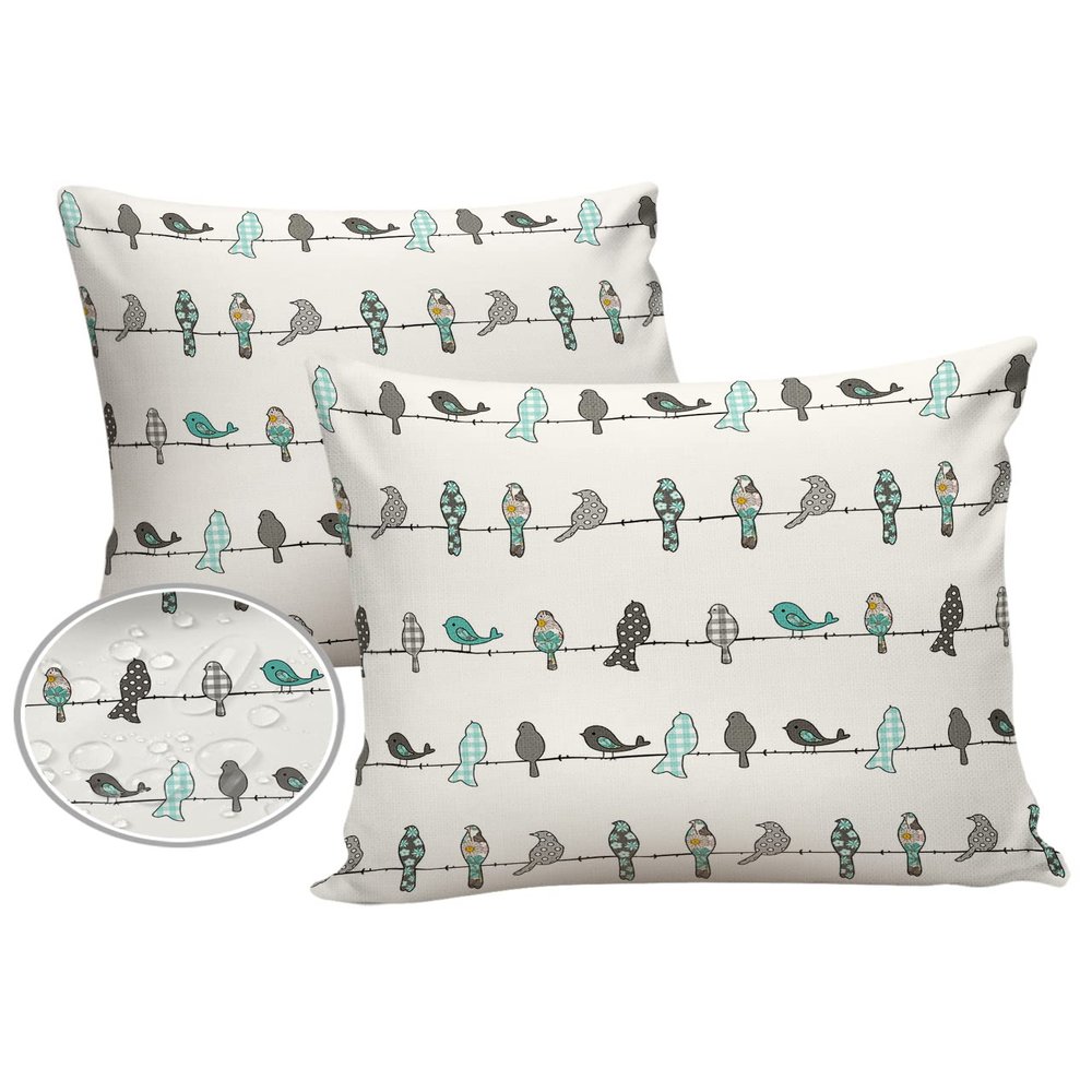 Birds with Floral Texture Waterproof Outdoor Throw Pillow Covers 26''x26'' Pack 2, Aqua and Gray Pillow Cases Throw Cushion Cover with Hidden Zipper Washable Pillowcase for Poolside Sofa