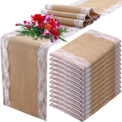 12 Pcs Burlap Table Runners 12 x 108 Inches White Lace Table Runner Rustic Country Wedding Decor Vintage Romantic Table Cloth Party Favors for Birthday Engagement Hotel Home Table Decor (Delicate)