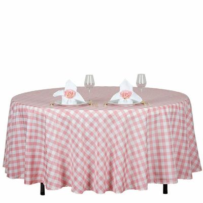 1 Pcs Rose Quartz Pink White Buffalo Plaid 108" Round Polyester Tablecloth Linens