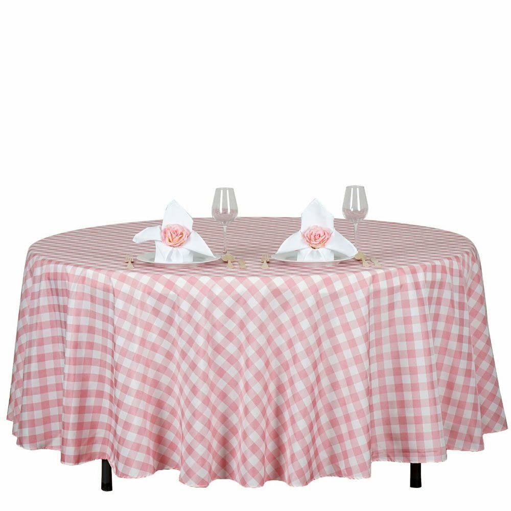1 Pcs Rose Quartz Pink White Buffalo Plaid 108" Round Polyester Tablecloth Linens