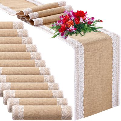12 Pcs Burlap Table Runners 12 x 108 Inches White Lace Table Runner Rustic Country Wedding Decor Vintage Romantic Table Cloth Party Favors for Birthday Engagement Hotel Home Table Decor (Fresh)