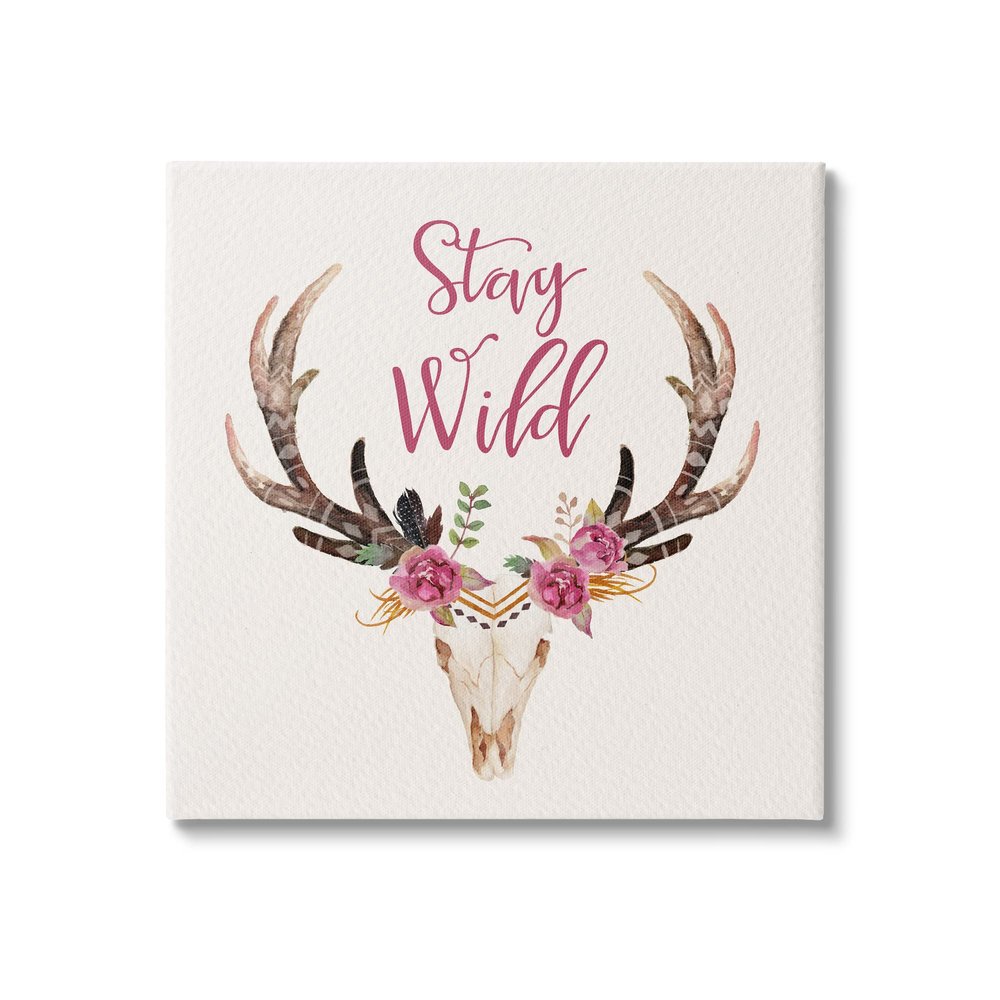 Stupell Industries Stay Wild Boho Chic Floral Deer Skull Antlers, Design by Amy Brinkman