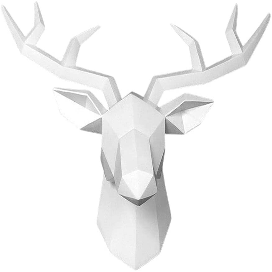 3D Deer Head Statue Elk Wall Mounted Sculpture Antlers Animal Figurine Animal Wall Decor for Gallery Living Room Office Wall Decor - White