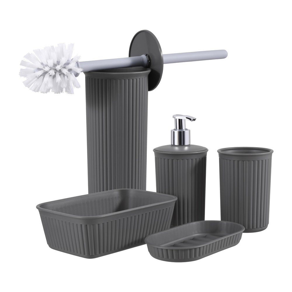 Superio Ribbed Plastic Bathroom Accessories Set, Soap Dish, Dispenser, Holder, Tray (Grey, Bathroom Accessories (Set of 5))
