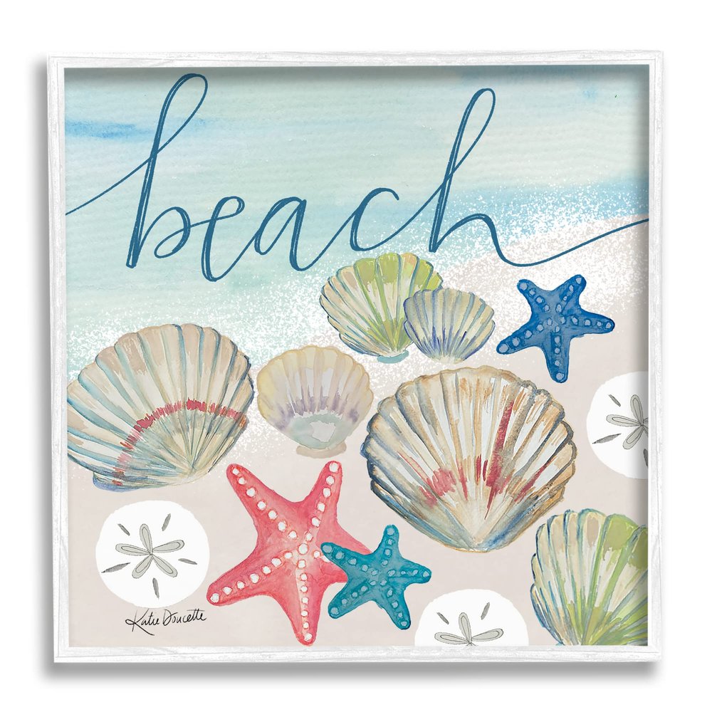 Stupell Industries Beach Calligraphy Seashells Clams Starfish Ocean Foam, Design by Katie Doucette