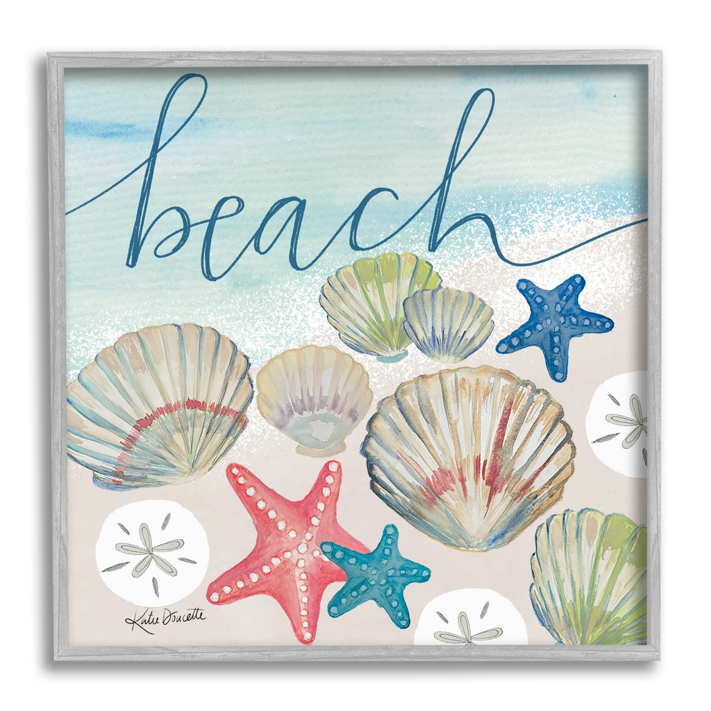 Stupell Industries Beach Calligraphy Seashells Clams Starfish Ocean Foam, Design by Katie Doucette