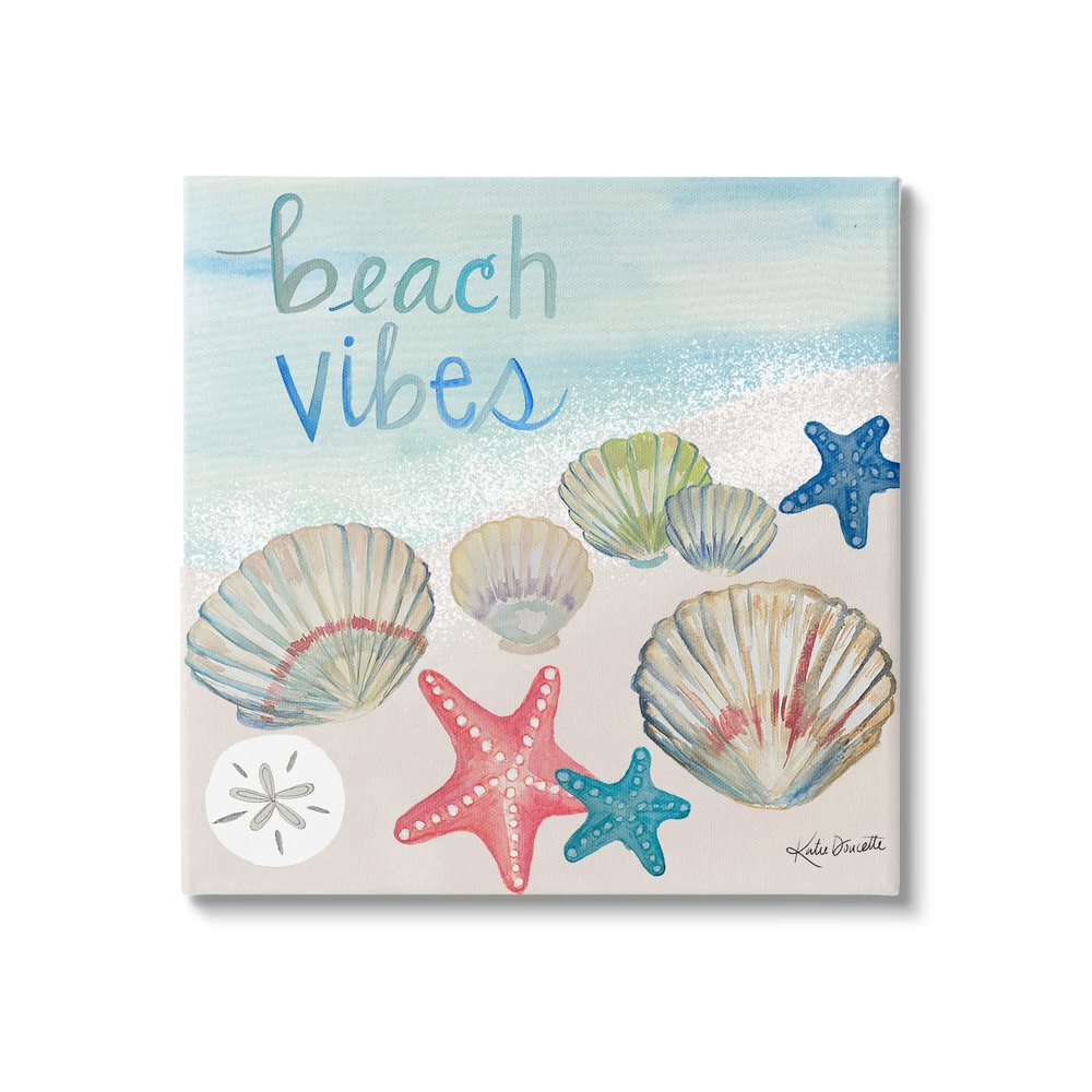 Stupell Industries Beach Vibes Calligraphy Trendy Seashells Starfish Painting, Design by Katie Doucette