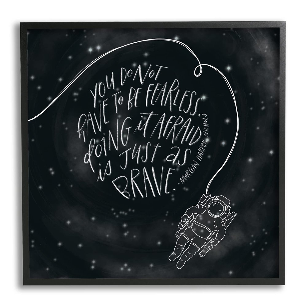 Stupell Industries Motivational Brave Fearless Quote Astronaut Starry Sky, Design by Rachel Nieman, Black, 17 x 17