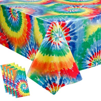 Augisteen 4 PCS Tie Dye Plastic Tablecloth Hippie Disposable Tablecloths 60s Party Table Cover Colorful Swirls Table Cover Rectangle Rainbow Tablecloth for Birthday Party Favor Dining Decor