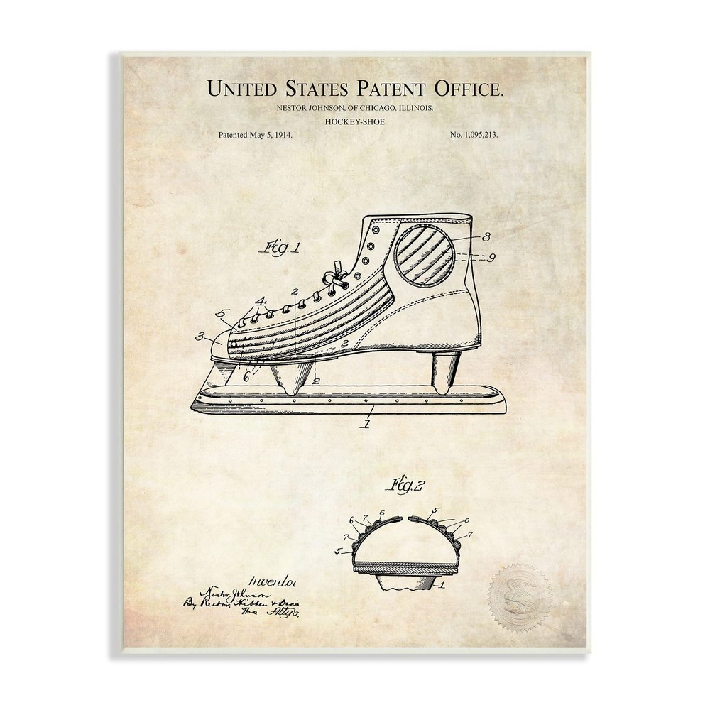 Stupell Industries Hockey Skate Shoe Labeled Diagram Patent Text, Design by Karl Hronek, Beige, 13 x 19