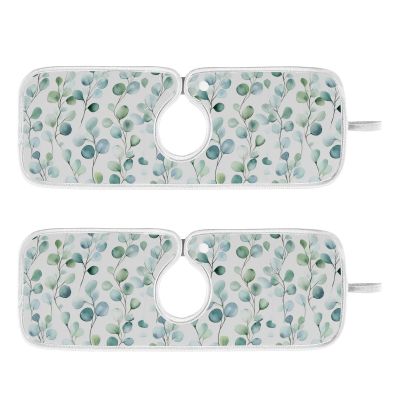 Kitchen Faucet Absorbent Mat,Flower Green Leaves Water Splash Guard for Sink, Faucet Drip Catcher Thicken Sponge Microfiber Faucet Water Catcher Mat Sink Absorbent Mat for Kitchen 14x5in 2 Pack