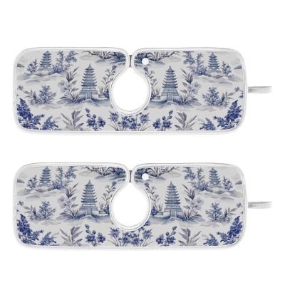 Kitchen Faucet Absorbent Mat, Ink Chinese Pagodas Trees Water Splash Guard for Sink, Faucet Drip Catcher Thicken Sponge Microfiber Faucet Water Catcher Mat Sink Absorbent Mat for Kitchen 14x5in 2Pack