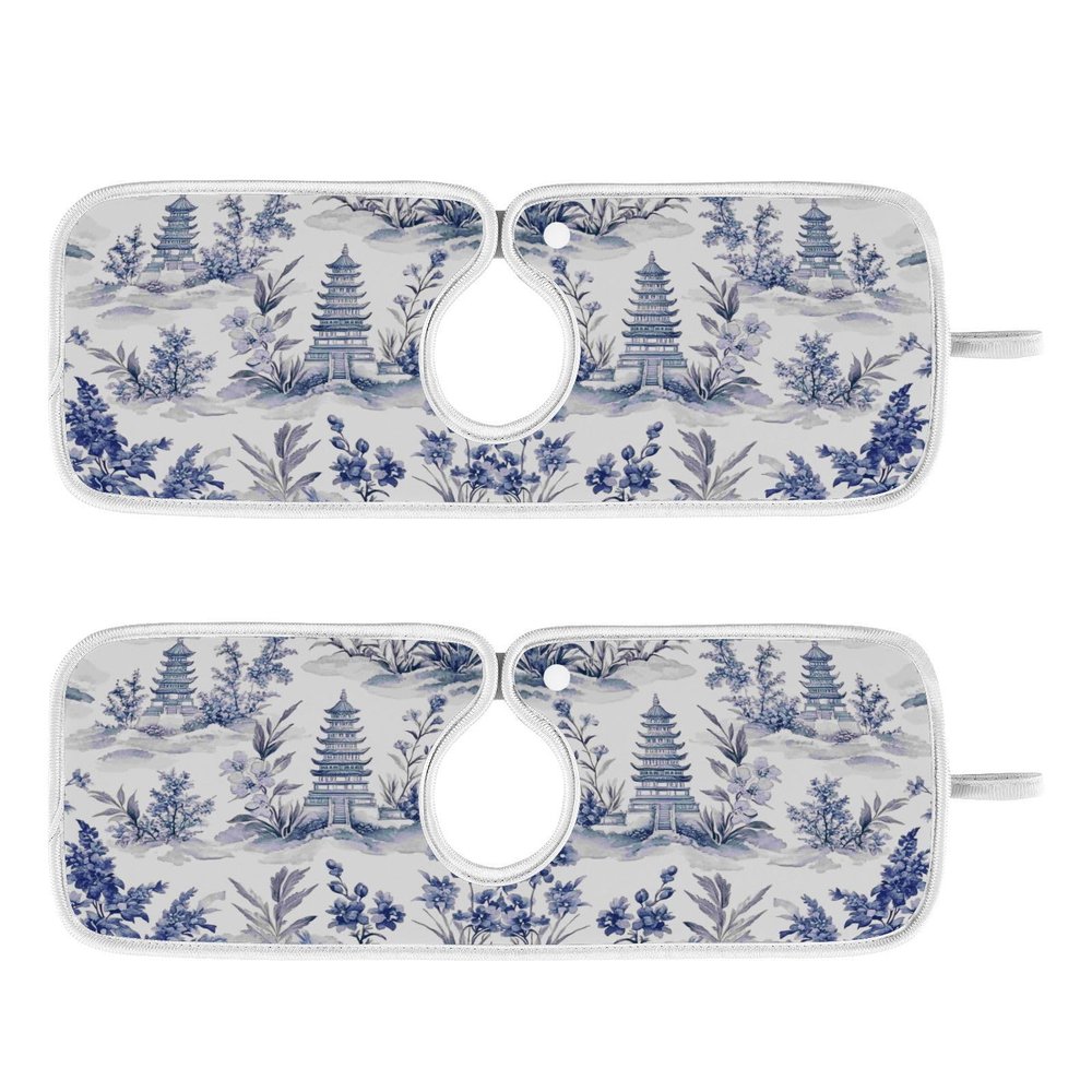 Kitchen Faucet Absorbent Mat, Ink Chinese Pagodas Trees Water Splash Guard for Sink, Faucet Drip Catcher Thicken Sponge Microfiber Faucet Water Catcher Mat Sink Absorbent Mat for Kitchen 14x5in 2Pack
