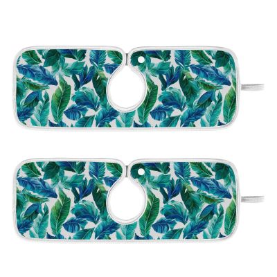Kitchen Faucet Absorbent Mat,Turquoise Green Palm Leaves Water Splash Guard for Sink, Faucet Drip Catcher Thicken Sponge Microfiber Faucet Water Catcher Mat Sink Absorbent Mat for Kitchen 14x5in 2Pack