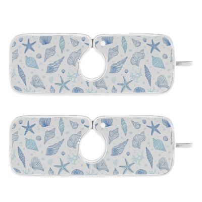 Kitchen Faucet Absorbent Mat,Seashells Starfish Water Splash Guard for Sink, Faucet Drip Catcher Thicken Sponge Microfiber Faucet Water Catcher Mat Sink Absorbent Mat for Kitchen 14x5in 2 Pack
