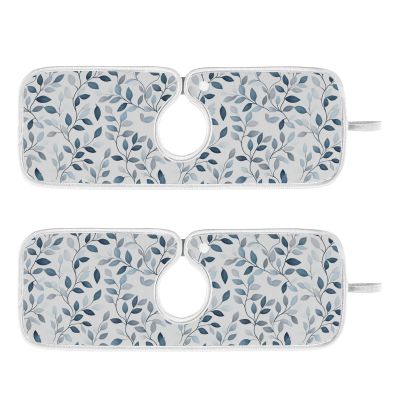 Kitchen Faucet Absorbent Mat,Green Gray Leaf Water Splash Guard for Sink, Faucet Drip Catcher Thicken Sponge Microfiber Faucet Water Catcher Mat Sink Absorbent Mat for Kitchen 14x5in 2 Pack