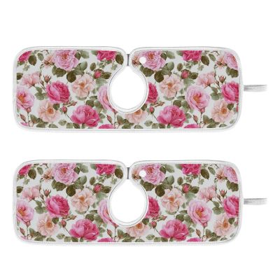 Kitchen Faucet Absorbent Mat,Pink Rose Flower Floral Water Splash Guard for Sink, Faucet Drip Catcher Thicken Sponge Microfiber Faucet Water Catcher Mat Sink Absorbent Mat for Kitchen 14x5in 2 Pack