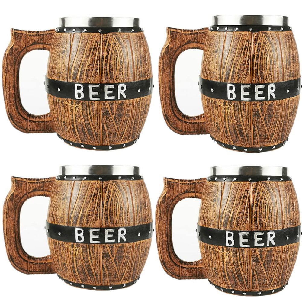 4 Vintage Viking Beer Mug, 18 oz Large Wooden Beer MugOak Beer TankardWood Carving Beer Mug of Wood Eco FriendlyBeer Cup for Men and Women, Beer Cup Gift (4 Mugs)