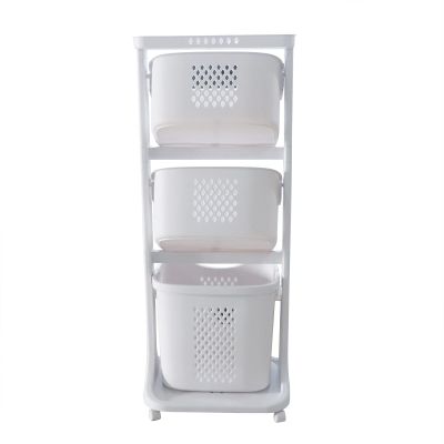 Laundry Basket 3 Tier Bamboo Storage Shelf with Wheels Removable Storage Basket Washing Clothes Sorting Storage Basket Organizing Shelf with Handle Freestanding Clothes Hamper Organizer