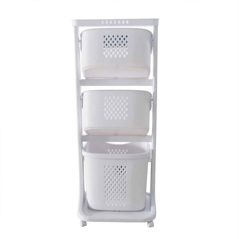 Laundry Basket 3 Tier Bamboo Storage Shelf with Wheels Removable Storage Basket Washing Clothes Sorting Storage Basket Organizing Shelf with Handle Freestanding Clothes Hamper Organizer