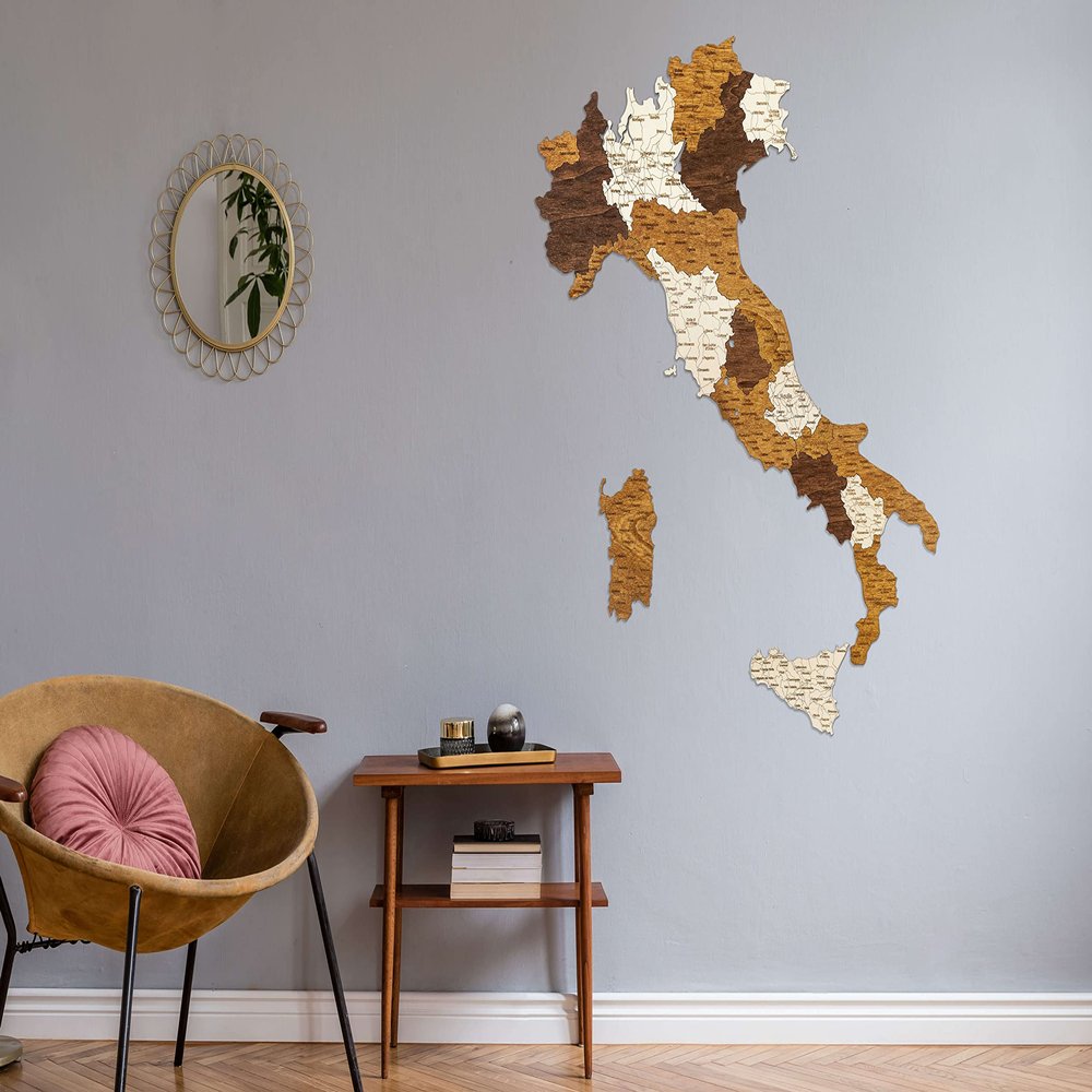 2D Wooden Map of Italy - Multilayered, Multicolour Stained Wood, Engraved Names - Wall Decoration for your office, living room, hallway (102x67 cm (40.2 x 26.4 inch))
