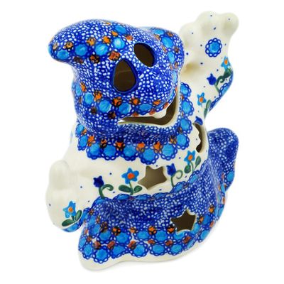 Polmedia Polish Pottery Ghost Candle Holder UNIKAT - Blue Tulip Garden Pattern Handmade in Boleslawiec Poland + Certificate of Authenticity