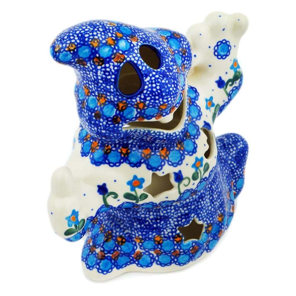 Polmedia Polish Pottery Ghost Candle Holder UNIKAT - Blue Tulip Garden Pattern Handmade in Boleslawiec Poland + Certificate of Authenticity