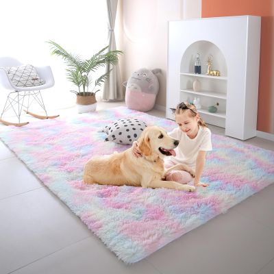 Fluffy Rainbow Rugs for Girls Bedroom Living Room,6x9 Feet Shag Fuzzy Area Rug for Kids Playroom,Pastel Plush Shaggy Carpet for Nursery Baby Toddler Dorm Room