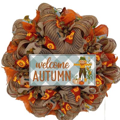 Welcome Autumn Blue Check Scarecrow Halloween or Harvest Wreath Handmade Deco Mesh. Available in 24 inch and 28 inch diameters