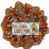 Welcome Autumn Blue Check Scarecrow Halloween or Harvest Wreath Handmade Deco Mesh. Available in 24 inch and 28 inch diameters view 1