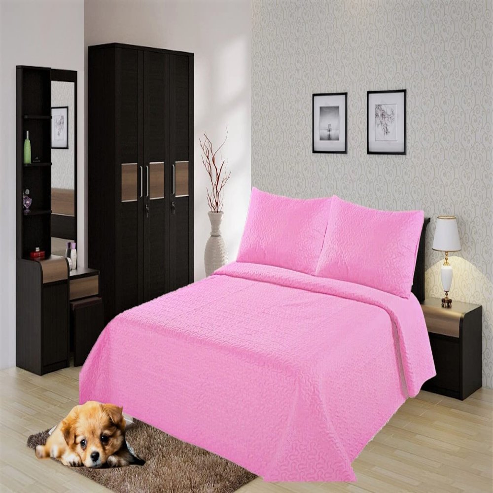 2/3 Piece Set Reversible Hotel Quilt Bedspread Lightweight Stitch Pattern Solid Color Quilt and Pillow Sham (Queen, Light Pink)