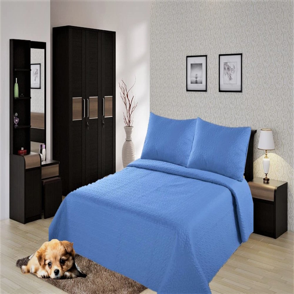 2/3 Piece Set Reversible Hotel Quilt Bedspread Lightweight Stitch Pattern Solid Color Quilt and Pillow Sham (Queen, Light Blue)