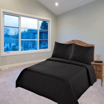 2/3 Piece Set Reversible Hotel Quilt Bedspread Lightweight Stitch Pattern Solid Color Quilt and Pillow Sham (Twin, Black Onix) Nena