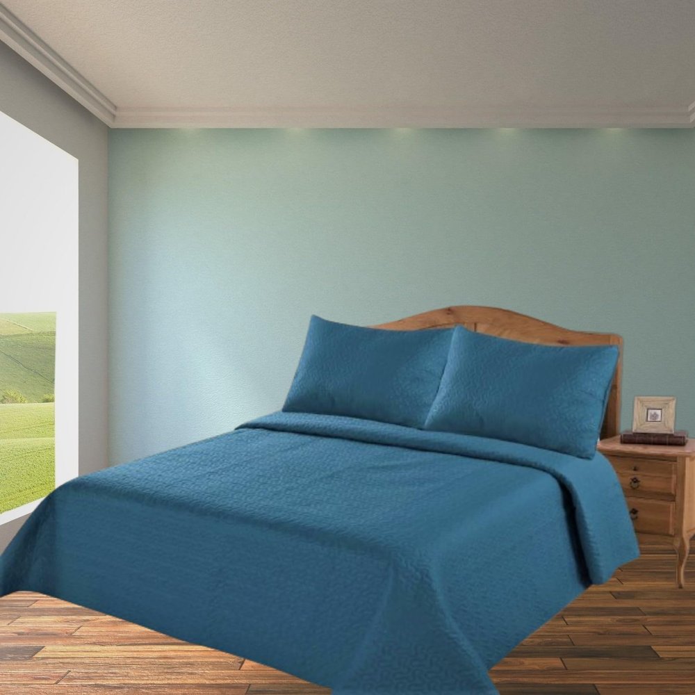 2/3 Piece Set Reversible Hotel Quilt Bedspread Lightweight Stitch Pattern Solid Color Quilt and Pillow Sham (Queen, Teal Green) Nena