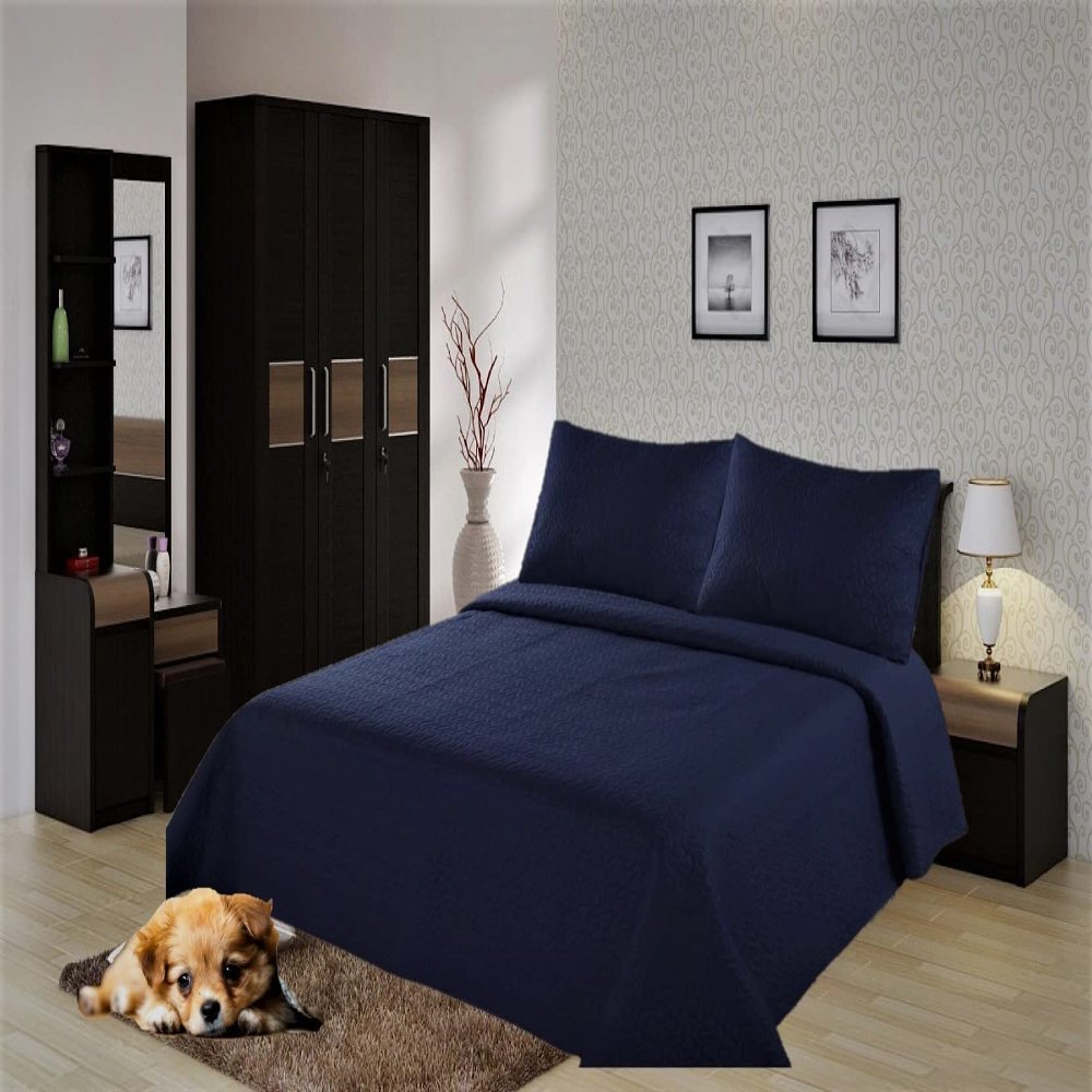 2/3 Piece Set Reversible Hotel Quilt Bedspread Lightweight Stitch Pattern Solid Color Quilt and Pillow Sham (King, Navy Sapphire)