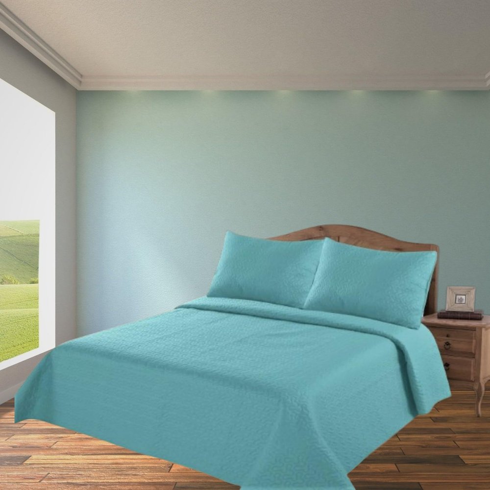2/3 Piece Set Reversible Hotel Quilt Bedspread Lightweight Stitch Pattern Solid Color Quilt and Pillow Sham (Queen, Turquoise Green) Nena