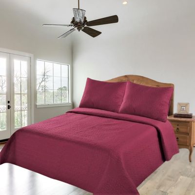 2/3 Piece Set Reversible Hotel Quilt Bedspread Lightweight Stitch Pattern Solid Color Quilt and Pillow Sham (King, Burgundy Dark Red) Nena