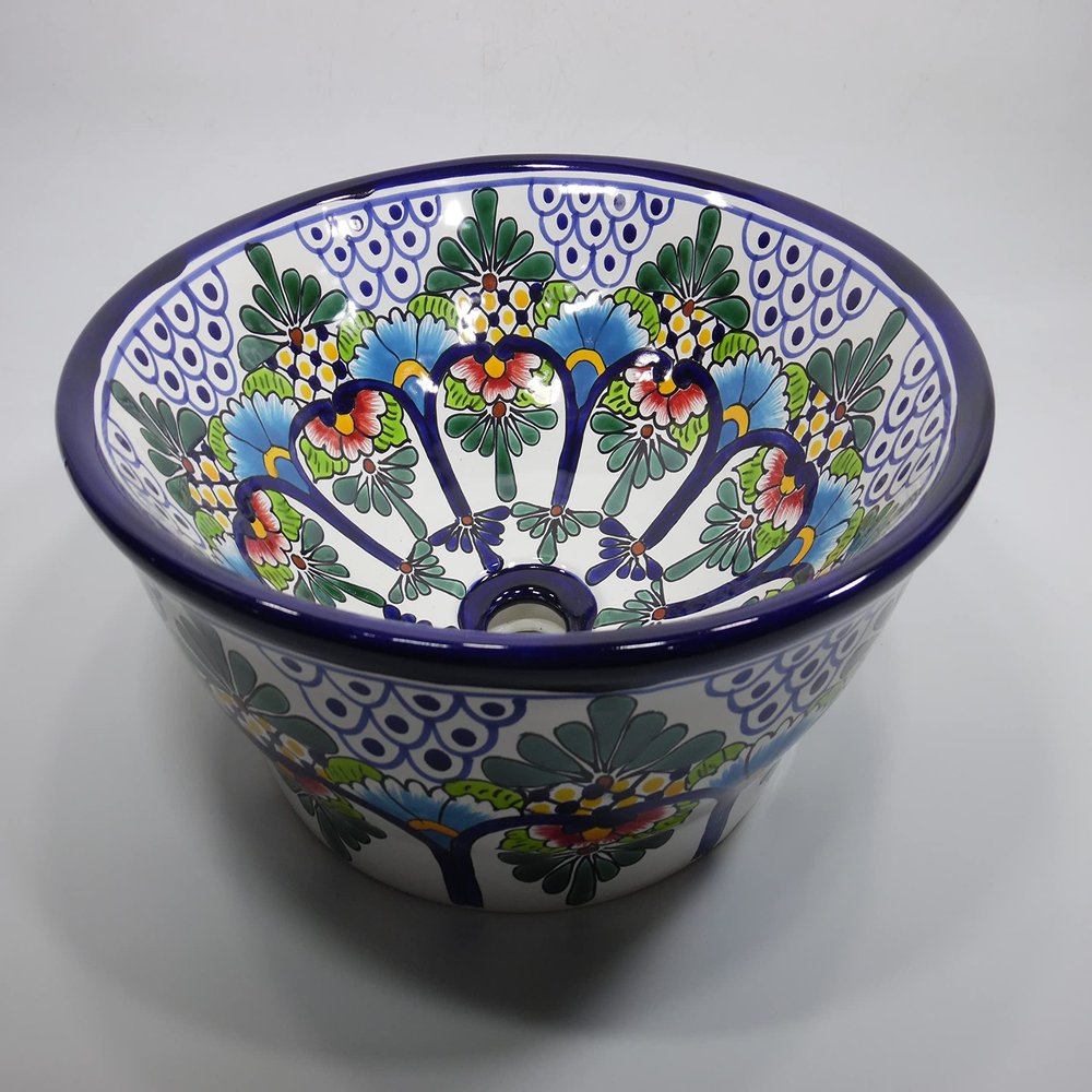 16" ROUND TALAVERA SINK ceramic bathroom vessel sink, mexican handmade folk art