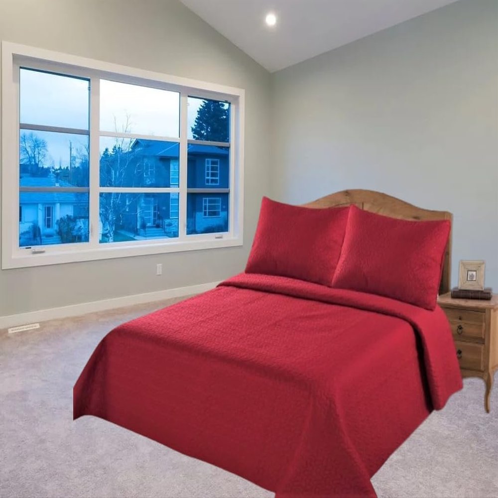 2/3 Piece Set Reversible Hotel Quilt Bedspread Lightweight Stitch Pattern Solid Color Quilt and Pillow Sham (Twin, Red) Nena