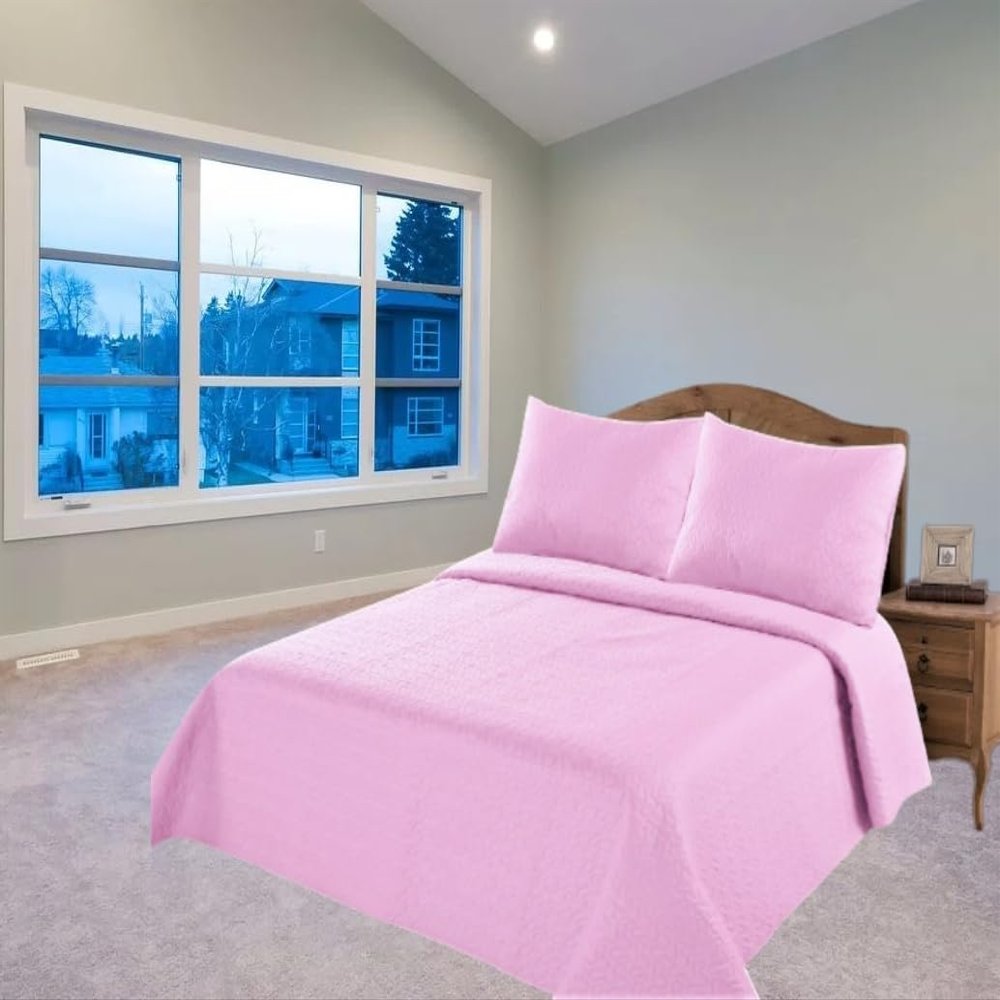 2/3 Piece Set Reversible Hotel Quilt Bedspread Lightweight Stitch Pattern Solid Color Quilt and Pillow Sham (Twin, Light Pink) Nena