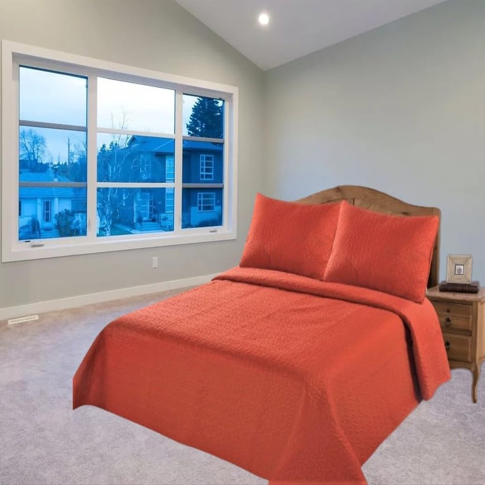 2/3 Piece Set Reversible Hotel Quilt Bedspread Lightweight Stitch Pattern Solid Color Quilt and Pillow Sham (Twin, Orange) Nena