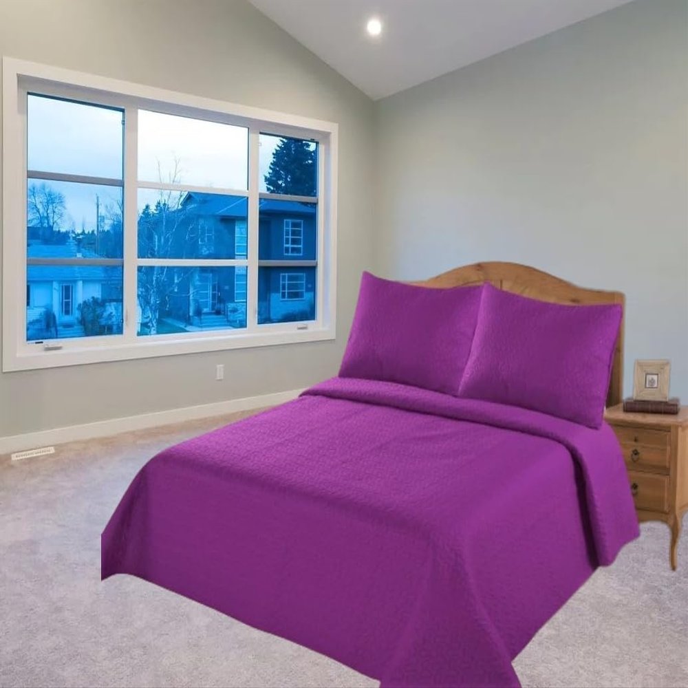 2/3 Piece Set Reversible Hotel Quilt Bedspread Lightweight Stitch Pattern Solid Color Quilt and Pillow Sham (Twin, Purple) Nena