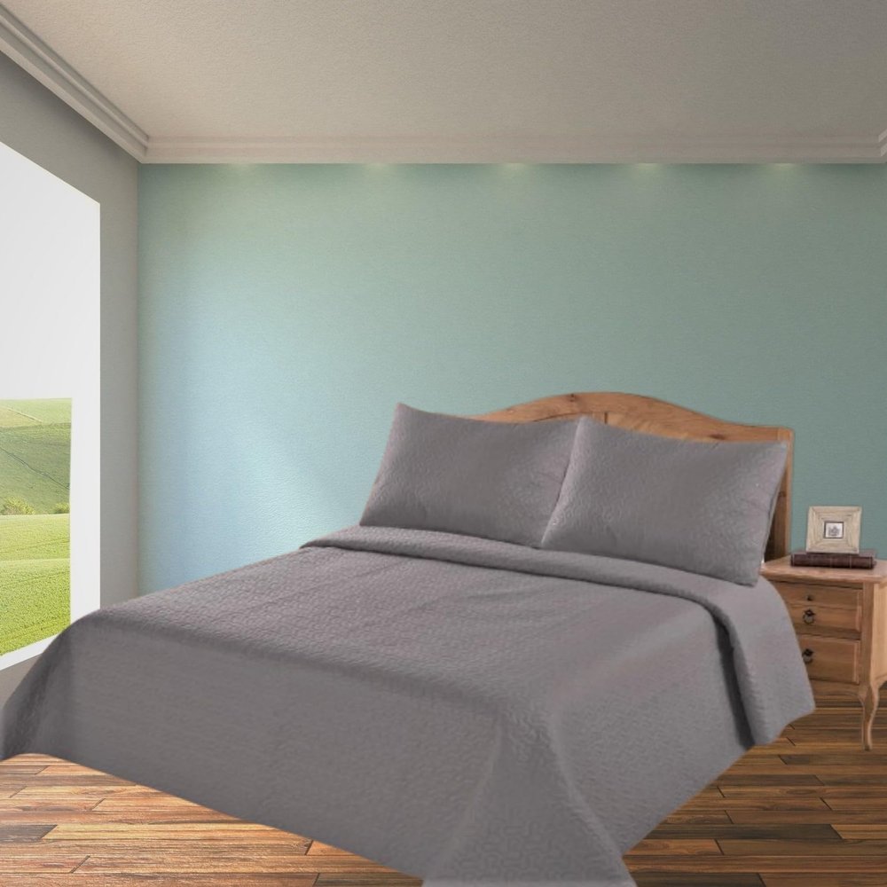 2/3 Piece Set Reversible Hotel Quilt Bedspread Lightweight Stitch Pattern Solid Color Quilt and Pillow Sham (Queen, Gray Charcoal) Nena