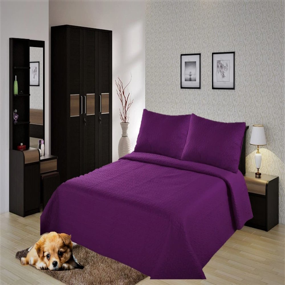 2/3 Piece Set Reversible Hotel Quilt Bedspread Lightweight Stitch Pattern Solid Color Quilt and Pillow Sham (King, Purple)